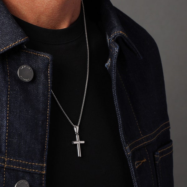 Waterproof Men's Cross Pendant Necklace - 316L Stainless Steel Medium Bamboo Style Cross Pendant Jewelry present for Son, Husband, Boyfriend