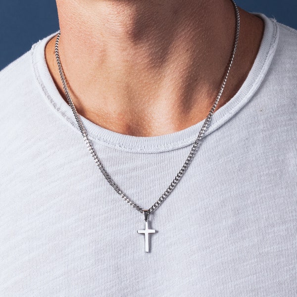Waterproof Silver Cross Necklace for Men / 316L stainless steel, short or long cuban link style chain for guys / Jewelry gifts for men, guys