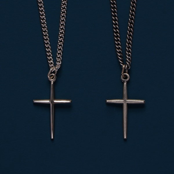 Minimalist, lightweight Sterling Silver Cross Pendant - Sleek cross pendant in oxidized or shiny silver - Curb chain 18, 20, 22, 24 or 26 in