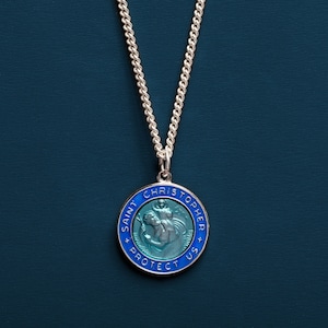 St Christopher Medal - Blue enamel Sterling Silver Saint Christopher Medal for Him - Father's Day - Gifts for Men - Silver Jewelry for Man