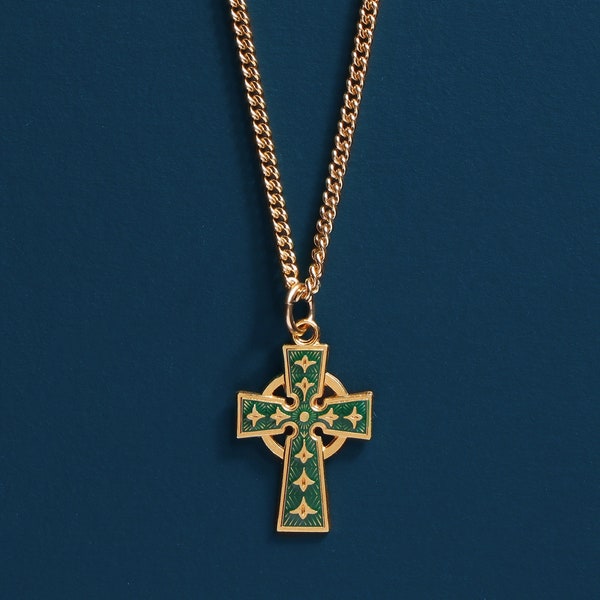 Men's Necklaces - Gold Celtic Cross with Green enamel - 14k Gold Filled chain with Vermeil gold Pendant / Gifts for him / Cross for Man