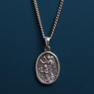 Saint Michael Angel oval sterling silver medal chain necklace / Archangel Michael, leader of the Angels, Army of God / Men&#39;s Jewelry gifts