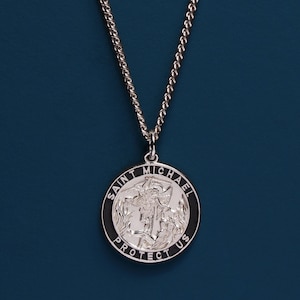 Saint Michael Men&#39;s Necklace - Sterling Silver round pendant on sterling silver, rhodium coated curb chain - Jewelry gift for Men, Dad, son