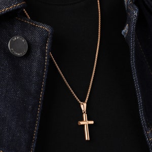 Men&#39;s Gold Cross Pendant Necklace - Medium size 14k gold plated over 316L Stainless Steel Bamboo style cross for Men - Jewelry gifts for Men