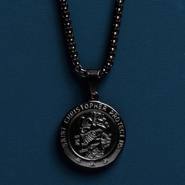 Mens Jewelry - Black coated St Christopher Saint round Medal on 3mm round box stainless steel black chain - Gifts for Men - Protection saint