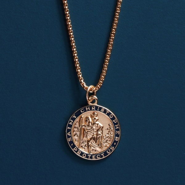 Men's Necklace Gold Saint Christopher Round Medal - 14k Gold Filled chain with Vermeil Gold dark navy enamel pendant / Gifts for him