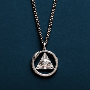 Men&#39;s Necklace -  All Seeing Eye Pendant - Ouroboros Snake pendant - Sterling Silver oxidized curb chain - Men&#39;s Jewelry - Necklaces for Men