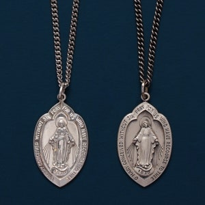 Miraculous Medal Shield Shape Pendant Necklace - Mary Miraculous medal of special graces and miracles - Silver jewelry gifts for men, dad