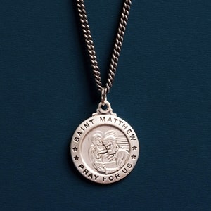 Saint Matthew the Apostle Necklace for Men - 925 Oxidized Sterling Silver Medallion - Catholic Saints Protection Medal - Gifts for Men