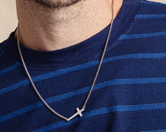 Sideways Sterling Silver Men's Cross Pendant Necklace on 2mm Sterling Silver Curb Chain - Catholic Jewelry Gifts for Men, Son, Husband, BFF