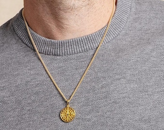 Vermeil Gold Compass Necklace - 14k Gold Filled Curb Chain - Gold Jewelry Gifts for men, boyfriend, son, graduation, Ships fast in gift box