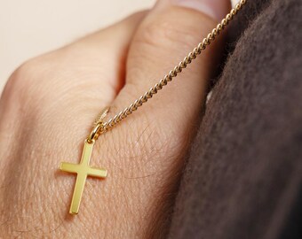 Small Vermeil Gold Cross Necklace for Men – 14k Vermeil Pendant, 14k Gold Filled Curb Chain, Unique Gifts for Birthdays, Boyfriend, Husband