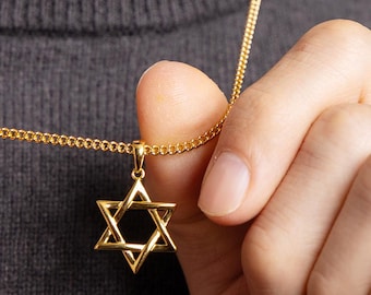 Gold Vermeil Star of David Necklace for Men – 14k Vermeil Jewish Pendant, Gold Filled Curb Chain, Special Occasion Presents for Men, Guys