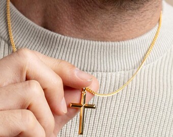 Gold Vermeil Bevel Geometric Cross Pendant on 14k Gold Filled Curb Chain - Modern, Minimalist, Unique, Jewelry Gift for Men, Son, Boyfriend