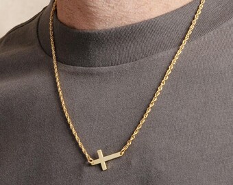 Sideways Vermeil Gold Men's Cross Pendant Necklace on 2mm 14k Gold Filled Rope Chain - Catholic Jewelry Gifts for Men, Son, Husband, BFF
