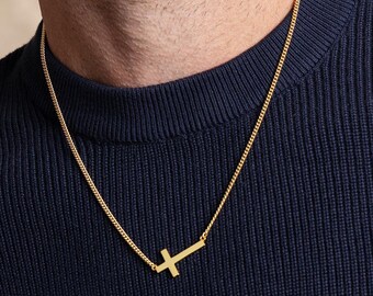 Sideways Vermeil Gold Men's Cross Pendant Necklace on 2mm 14k Filled Curb Chain - Catholic Jewelry Gifts for Men, Son, Husband, BFF