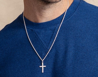 Large 925 Silver Cross Necklace for Men – Sterling Silver Rhodium Pendant, Rope Chain, Special Gifts for the Special Man in your Life
