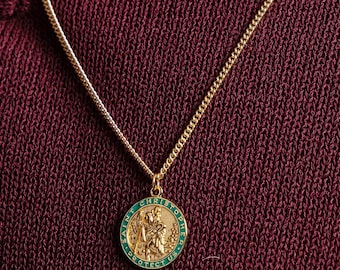 Men's Necklace Gold Saint Christopher Round Medal - 14k Gold Filled chain w/ Vermeil Gold Green enamel pendant / Father's Day Gifts for him