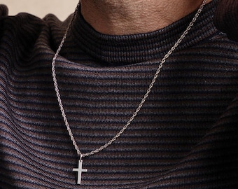 Small Silver Cross Necklace for Men – Sterling Silver Rhodium Cross, Rope Chain, Jewelry Gifts for Him, Dad, Son, Communion, Confirmation