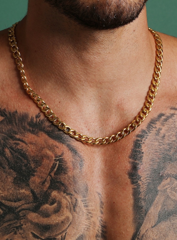 Collar de cadena de bordillo de oro de 9 mm para hombres - Etsy México