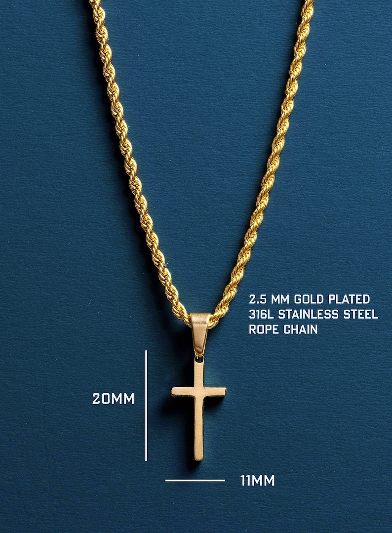 May include: A gold-plated 2.5 mm rope chain necklace with a 20 mm by 11 mm gold cross pendant. The chain is made of 316L stainless steel.