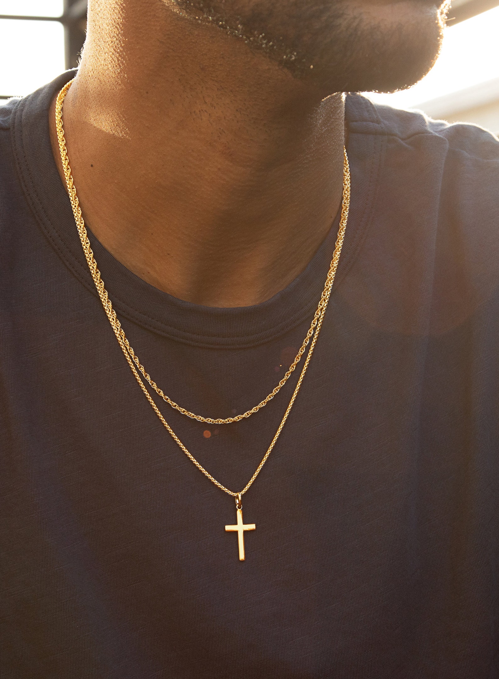 Men's Gold Cross Necklace Set / Two chains both 14k Gold Etsy