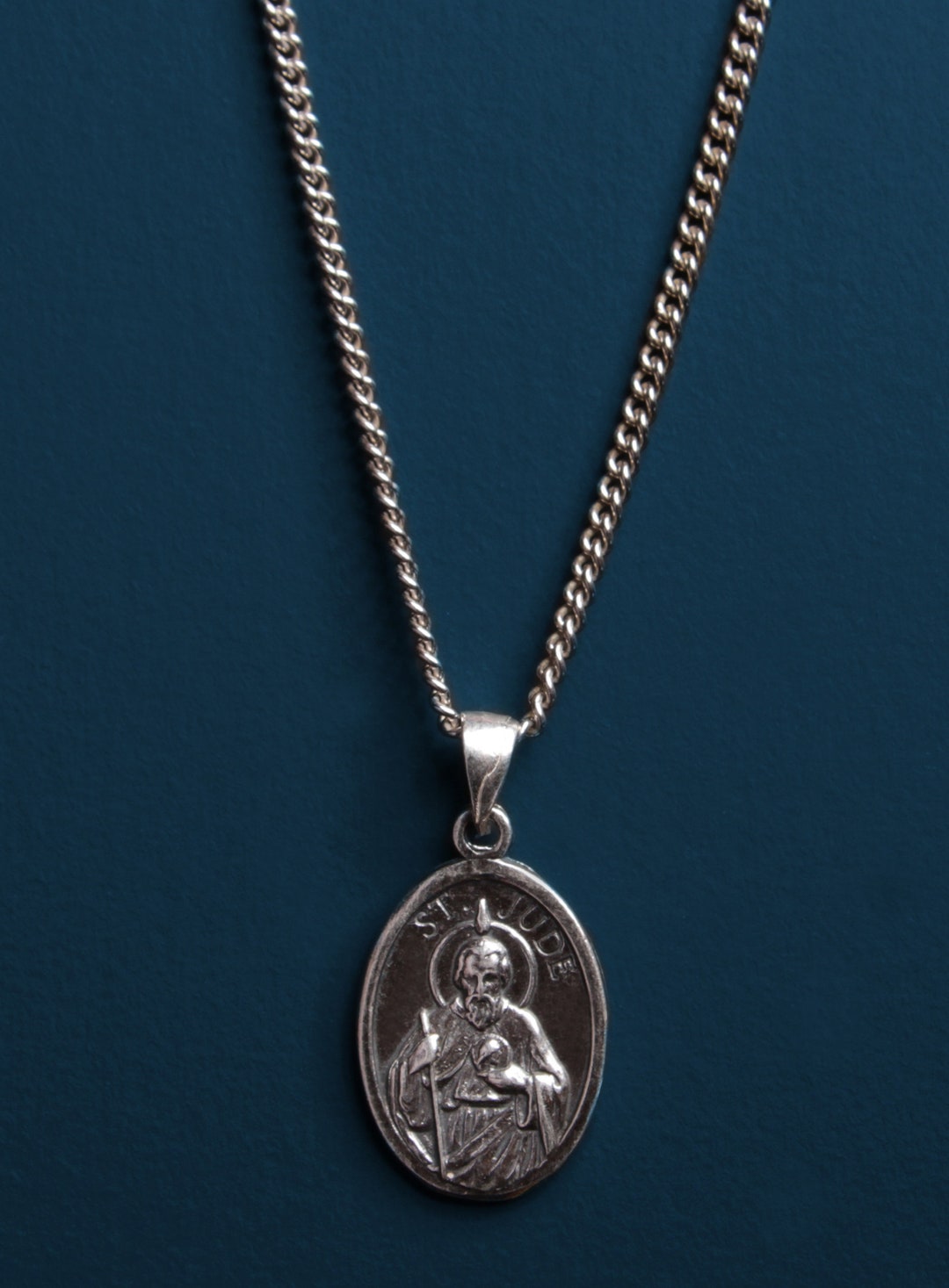 St. Jude Sterling Silver Oval Medal Necklace / San Judas Men's Necklace ...