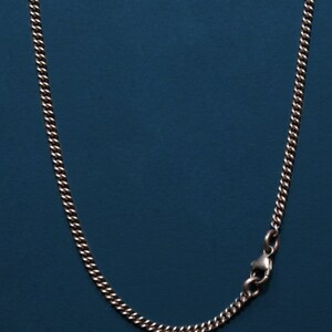 Pu&ograve; includere: Una collana a catena d'argento con chiusura a moschettone. La catena &egrave; su uno sfondo blu.