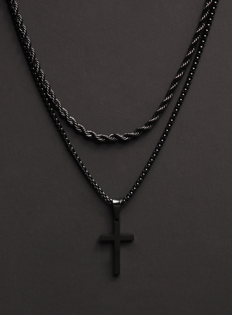 gifts for men son Stainless steel black rope chain AND black cross Necklace set for men husband Black jewelry father Buy 2 and save