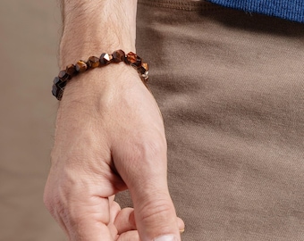 Brown Tiger Eye Bracelet – Gift for Men, Boyfriend, Son / Men’s Brown Beaded Bracelet, Geometric Gemstone Jewelry, Silver & Faux Leather