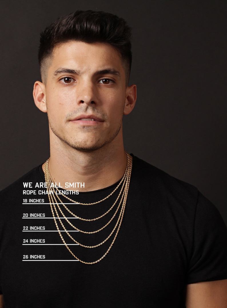 May include: A man wearing a black t-shirt with multiple gold rope chain necklaces of varying lengths. The image includes text that reads "WE ARE ALL SMITH" and "ROPE CHAIN LENGTHS" with chain lengths of 18, 20, 22, 24, and 26 inches.