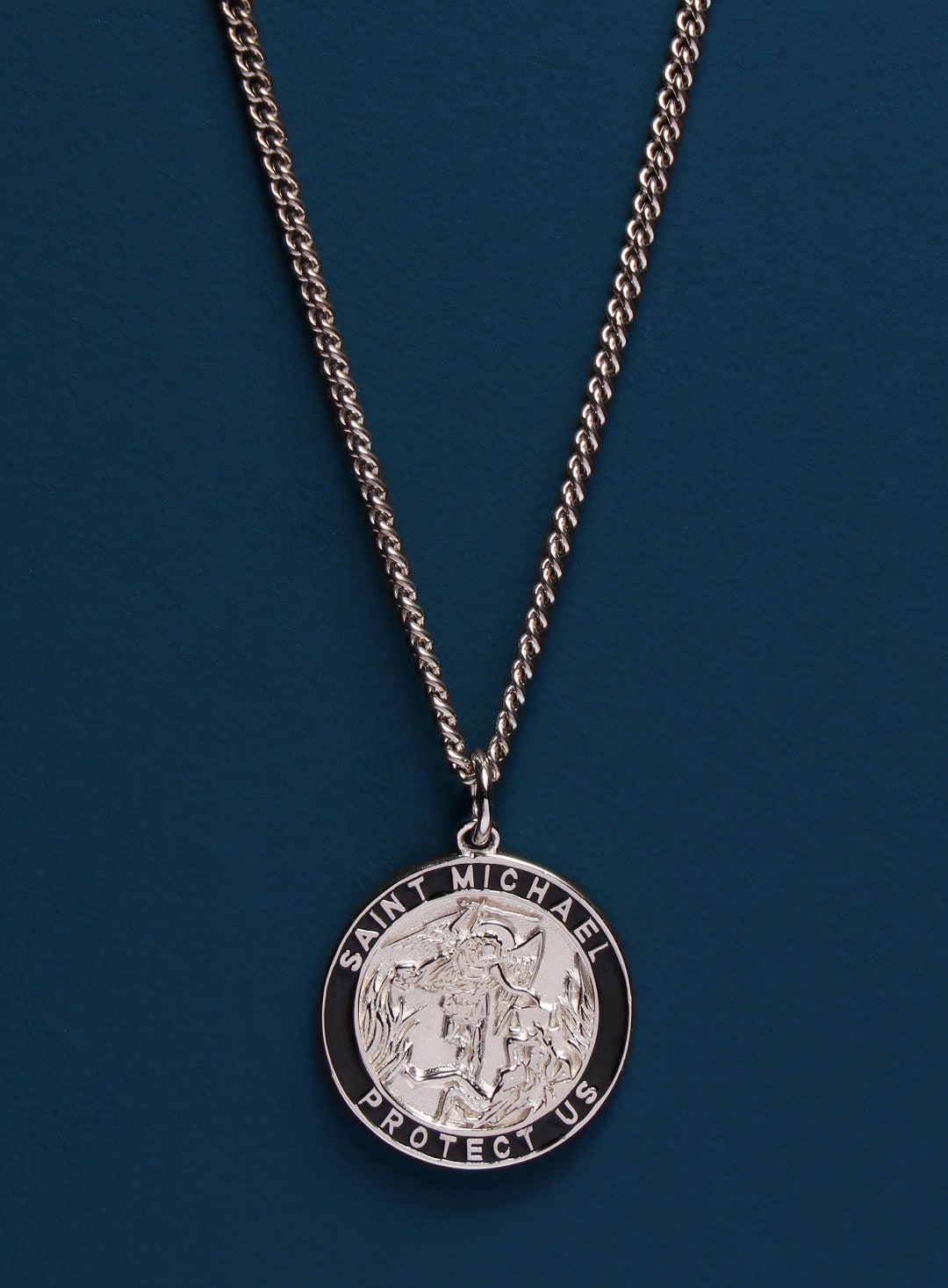 Saint Michael Sterling Silver Round Medal Pendant, 1 1/4 Inch