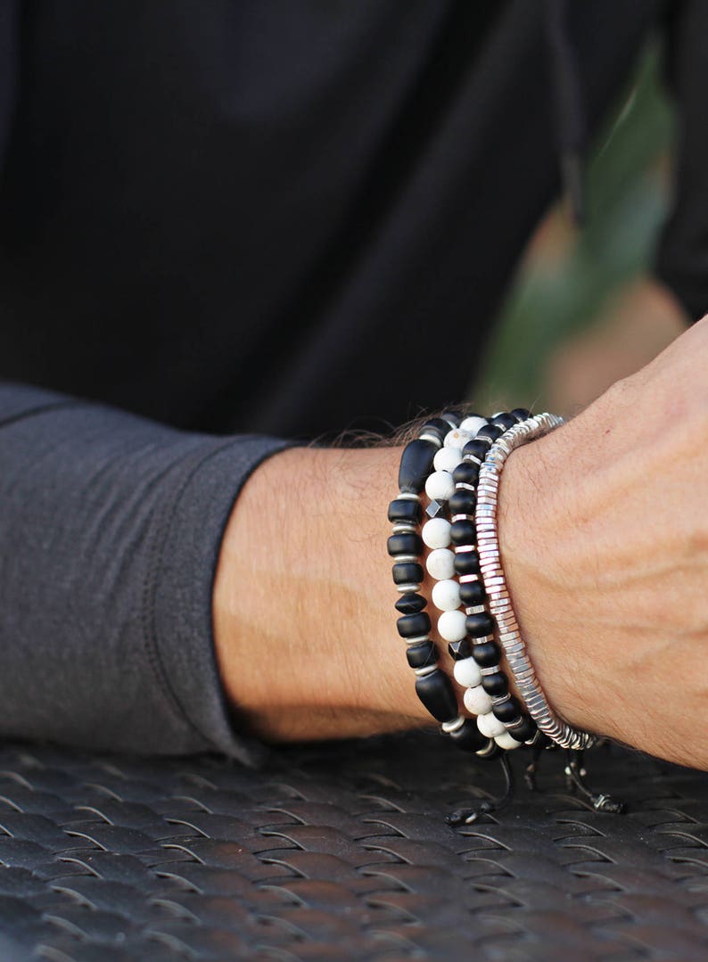 Men's Silver Bracelet Silver Heishi Beads Faux Black Etsy