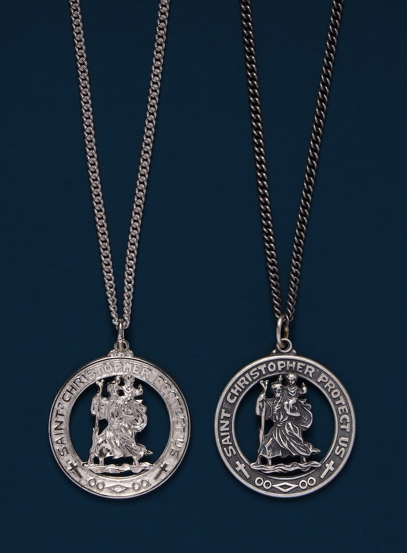 Saint Christopher Round Sterling Silver Pendant Necklace - Oxidized or ...