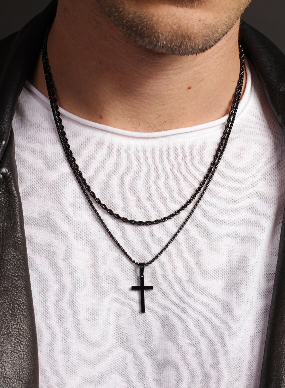 Necklace Set for Men Stainless Steel Black Rope Chain AND Etsy