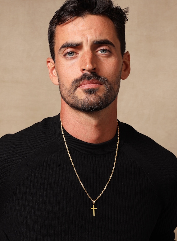 Men's Necklace Medium Gold Cross Pendant for Men - Gold Plated 316L Stainless Steel Rope chain - Catholic Cross Gift for son, uncle, brother