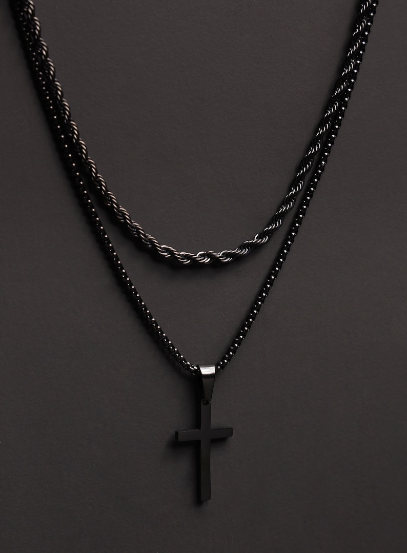 gifts for men son Stainless steel black rope chain AND black cross Necklace set for men husband Black jewelry father Buy 2 and save