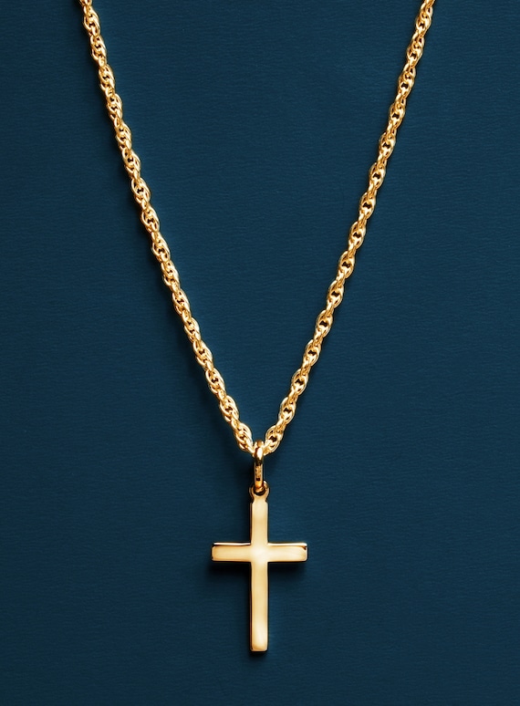 Men S Gold Cross Necklace 14k Gold Filled Rope Chain Etsy