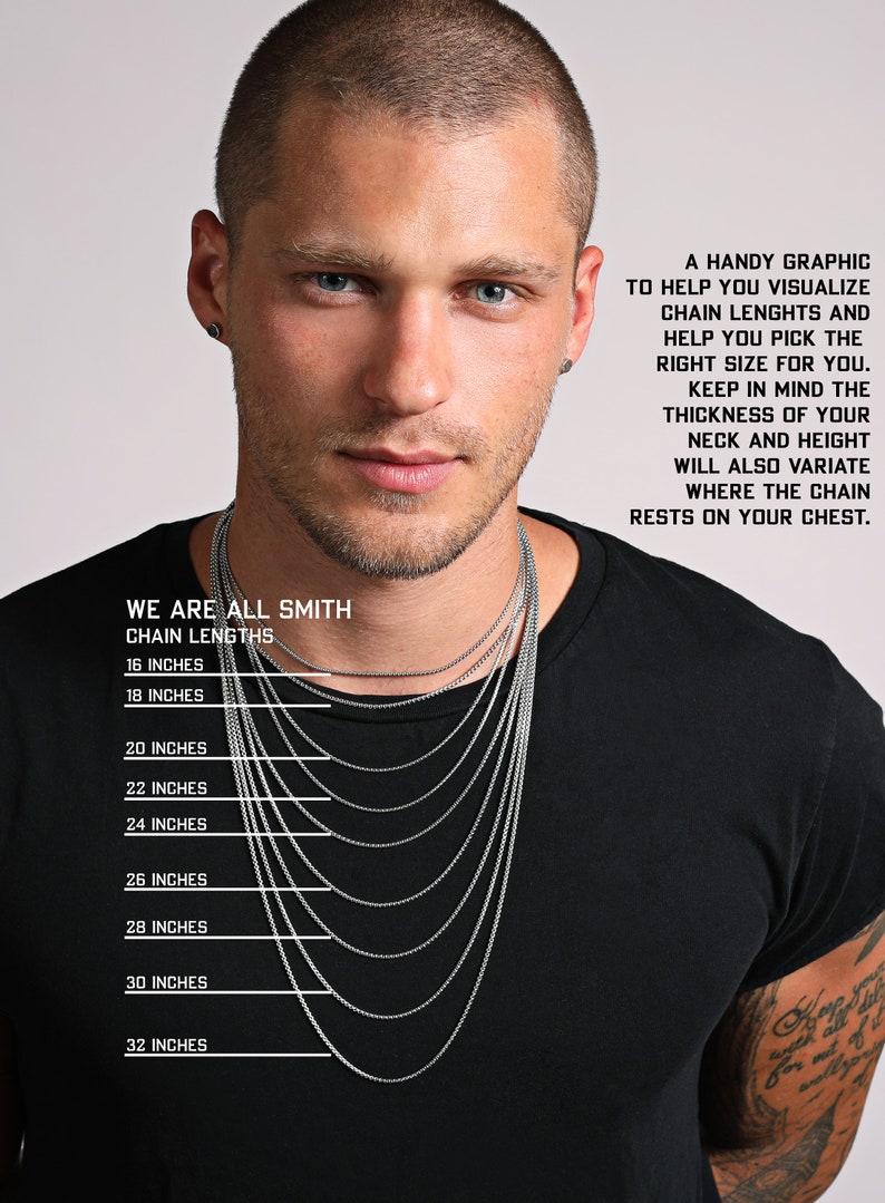 May include: A graphic showing different chain lengths for necklaces, ranging from 16 to 32 inches. The graphic features a model wearing the chains to show how they would look on a person.