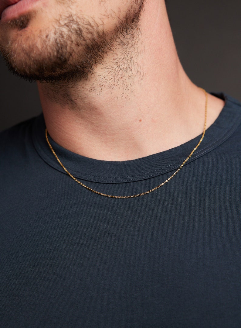 Gold chain necklace for men THIN 1mm cable chain necklace for guys Minimalist jewelry gifts for men, son, brother, boyfriend, husband image 1