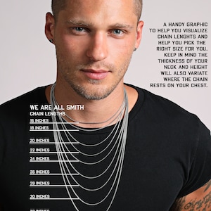 May include: A graphic showing different chain lengths for necklaces, ranging from 16 to 32 inches. The graphic features a model wearing the chains to show how they would look on a person.