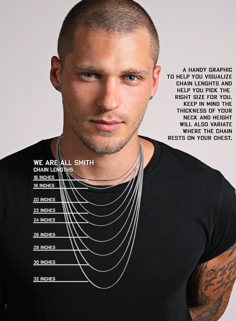 May include: A graphic showing different chain lengths for necklaces, ranging from 16 to 32 inches. The graphic features a model wearing the chains to show how they would look on a person.