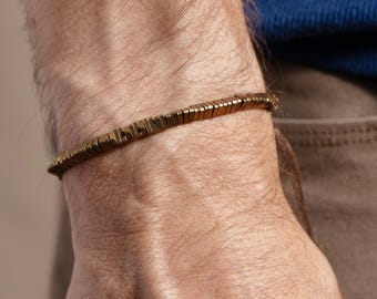 Men’s Brass Bead Bracelet – African Brass Geometric Beads, Adjustable Brown Cord, Minimalist Stackable Jewelry for Men, Dad, Brother, Son
