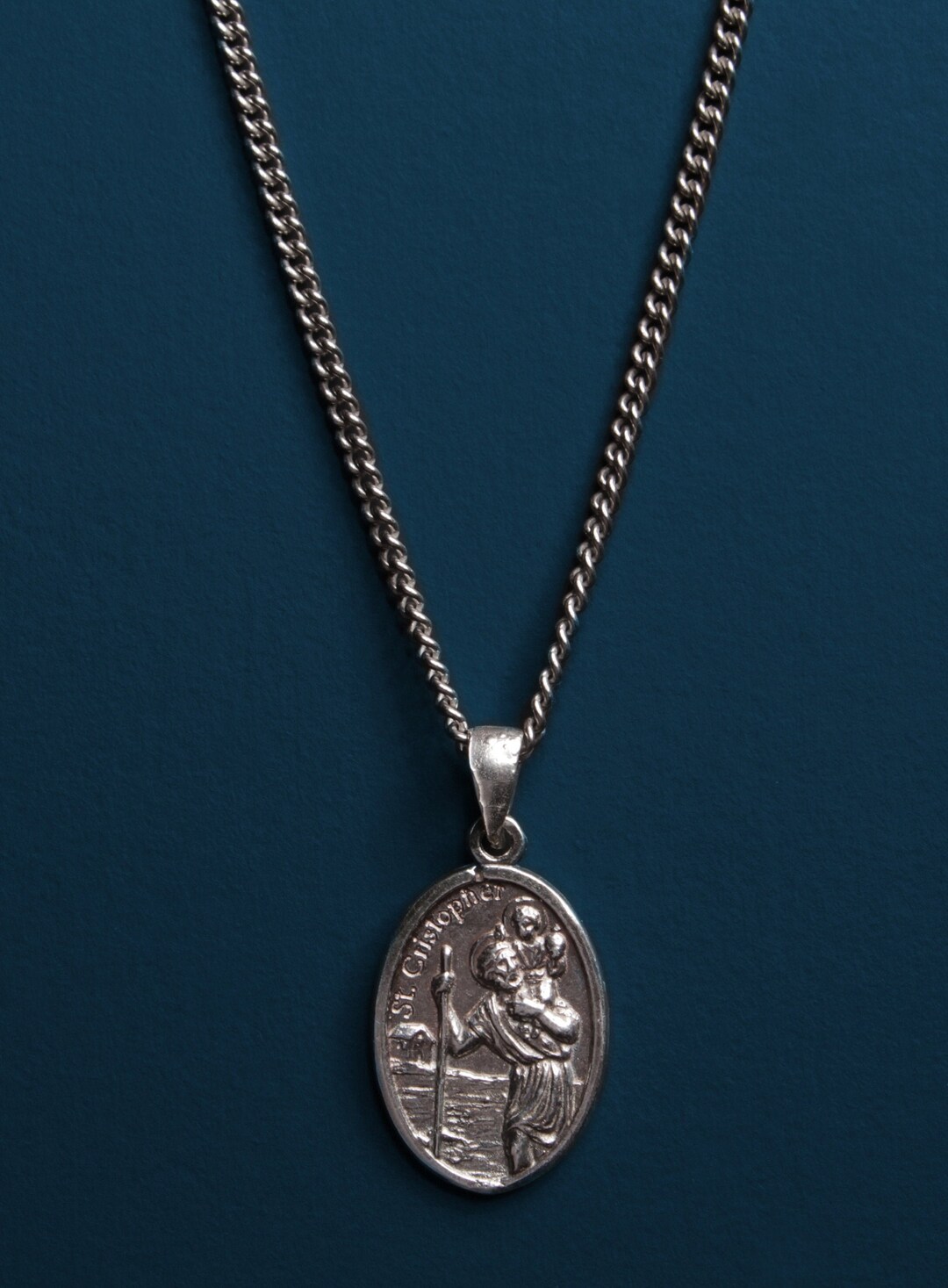 St Christopher Oval Medal / Saint Christopher Silver Necklace for Men ...