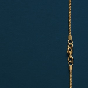 Puede incluir: Un collar de cadena de oro con cierre de langosta. La cadena est&aacute; sobre un fondo azul oscuro.