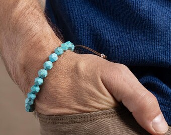 Blue Turquoise Magnesite Bracelet – Gift for Him, Men’s Beaded Bracelet, Geometric Gemstone Jewelry, Silver & Brown Faux Leather Bracelet