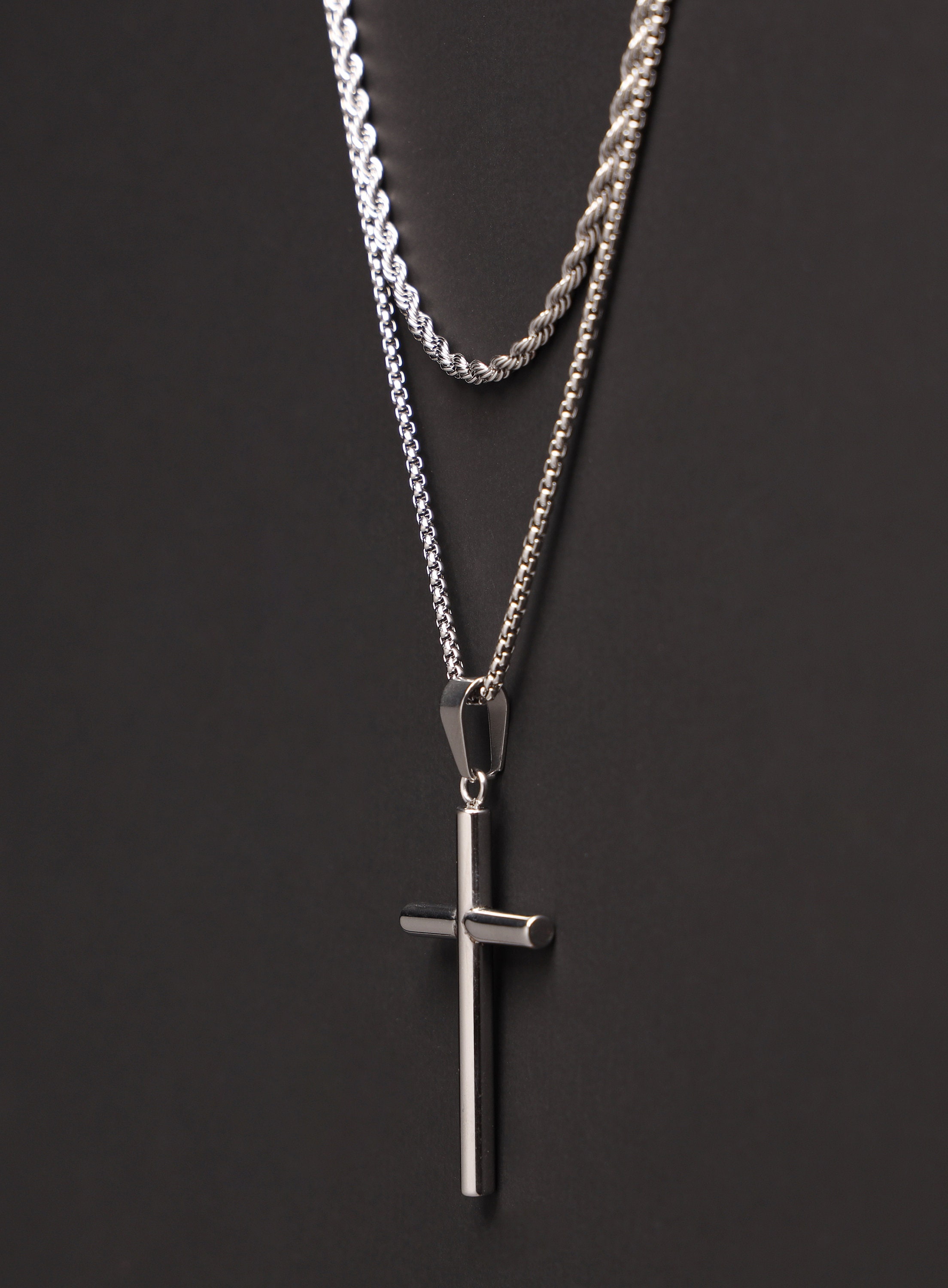 Cool Layered Cross Necklace For Guys & Girls – Stainless Steel Cuban & Rope Chain With Cross Pendant (16-24 Inch, Silver/Black/Gold)