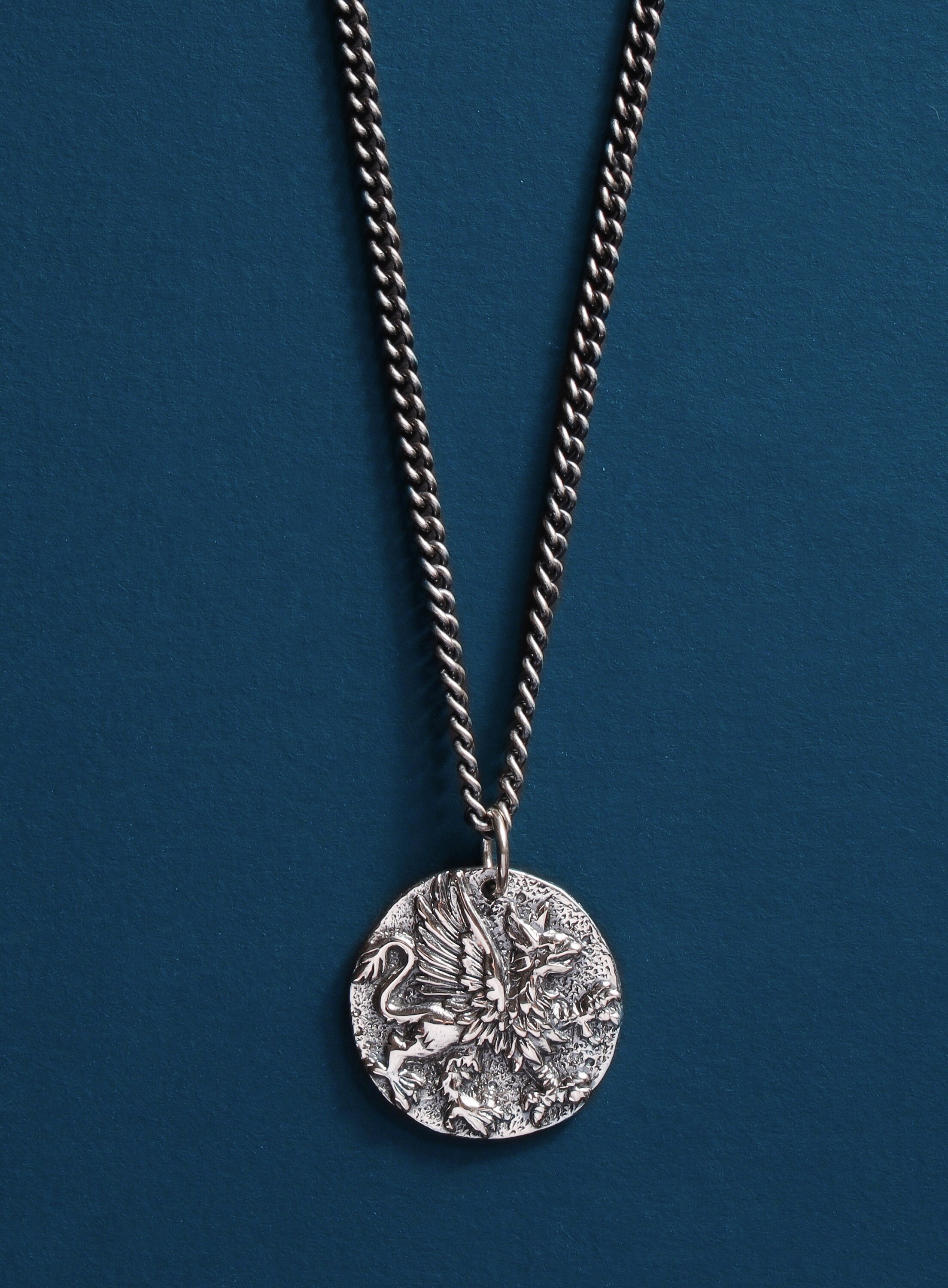 Griffin Coin Necklace / 925 Oxidized 