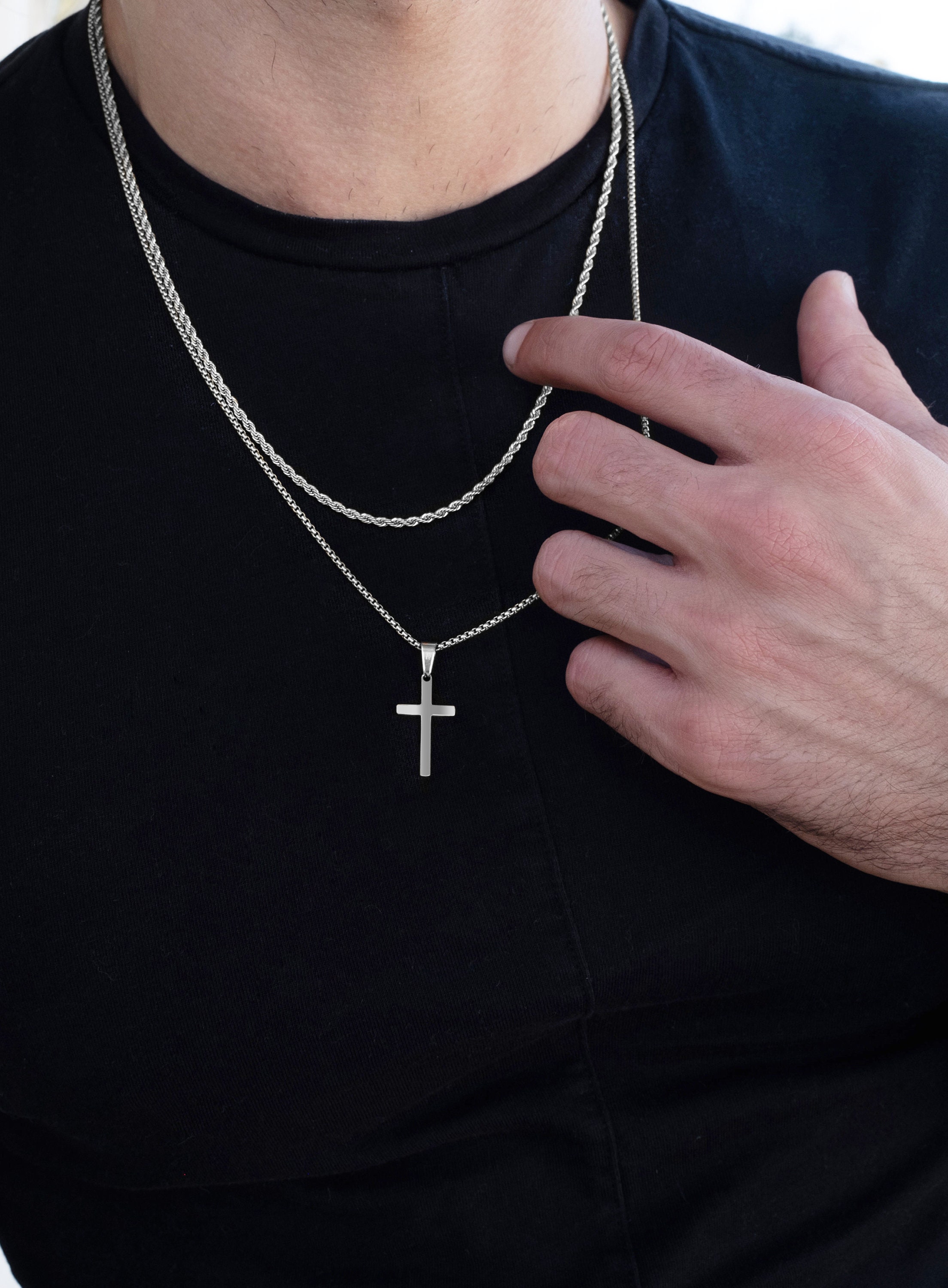 Waterproof Stainless Steel Medium Cross Necklace Set - Layering Necklaces - Man Jewelry - Silver Rope and Round Box Chain, Men's Gifts