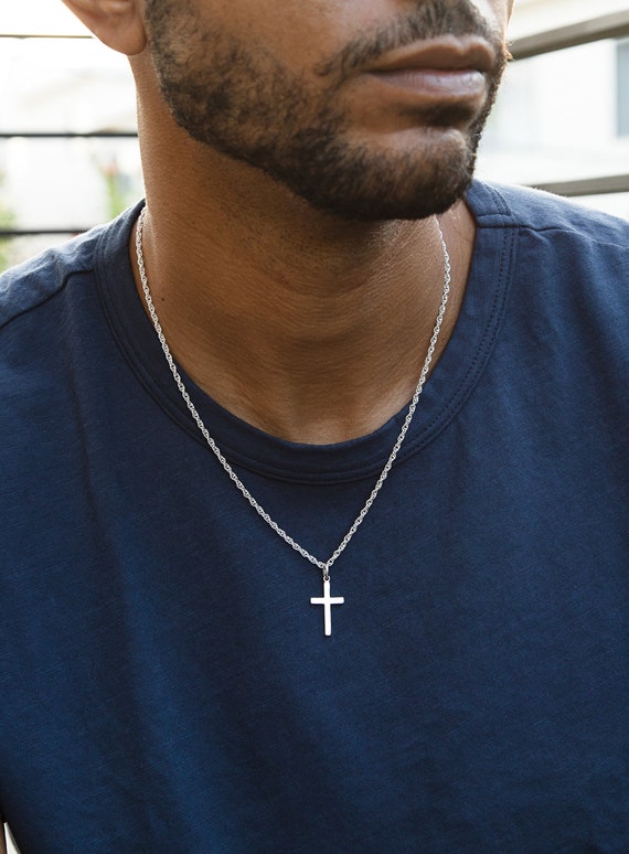 Small silver cross necklace for men, stainless steel chain necklace,  waterproof